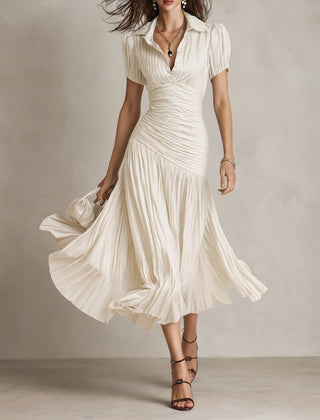 Women's Silk Dress | Midi Length V-Neck Short Sleeve Pleated