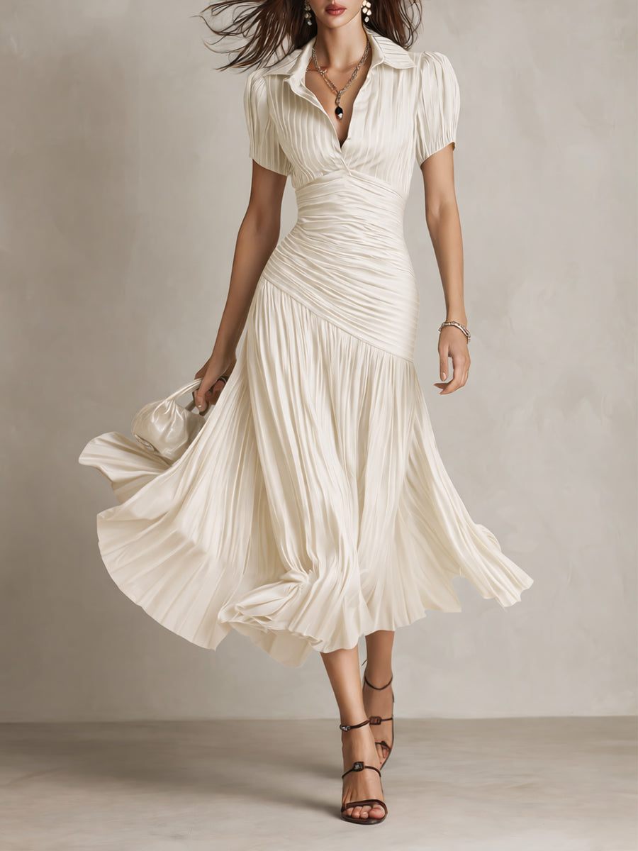 Women's Silk Dress | Midi Length V-Neck Puffed Sleeve Pleated