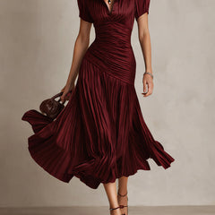 Women's Silk Dress | Midi Length V-Neck Short Sleeve Pleated