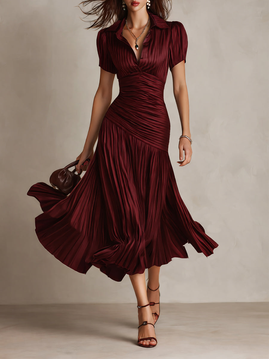 Women's Silk Dress | Midi Length V-Neck Short Sleeve Pleated