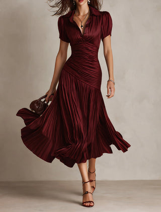 Women's Silk Dress | Midi Length V-Neck Puffed Sleeve Pleated
