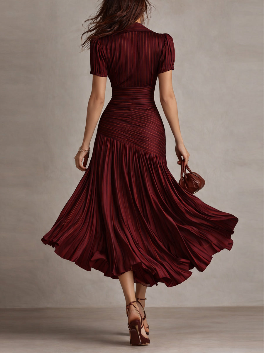 Women's Silk Dress | Midi Length V-Neck Short Sleeve Pleated