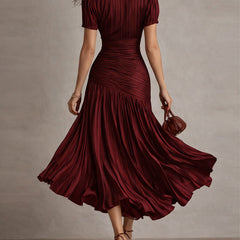 Women's Silk Dress | Midi Length V-Neck Puffed Sleeve Pleated