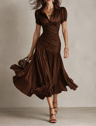 Women's Silk Dress | Midi Length V-Neck Short Sleeve Pleated