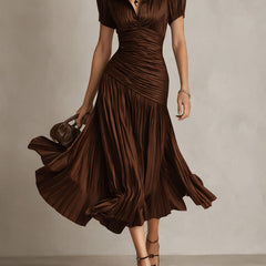 Women's Silk Dress | Midi Length V-Neck Puffed Sleeve Pleated