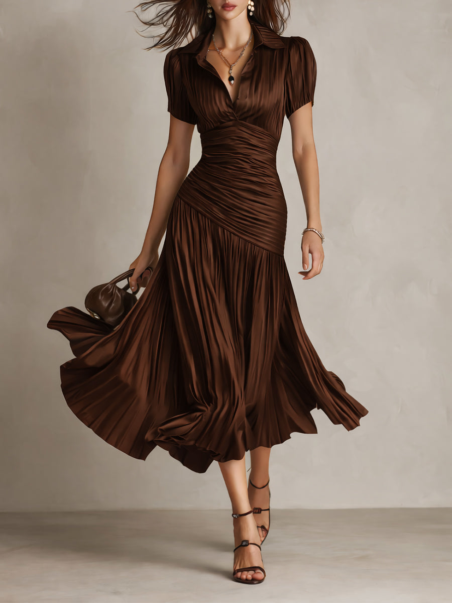 Women's Silk Dress | Midi Length V-Neck Puffed Sleeve Pleated