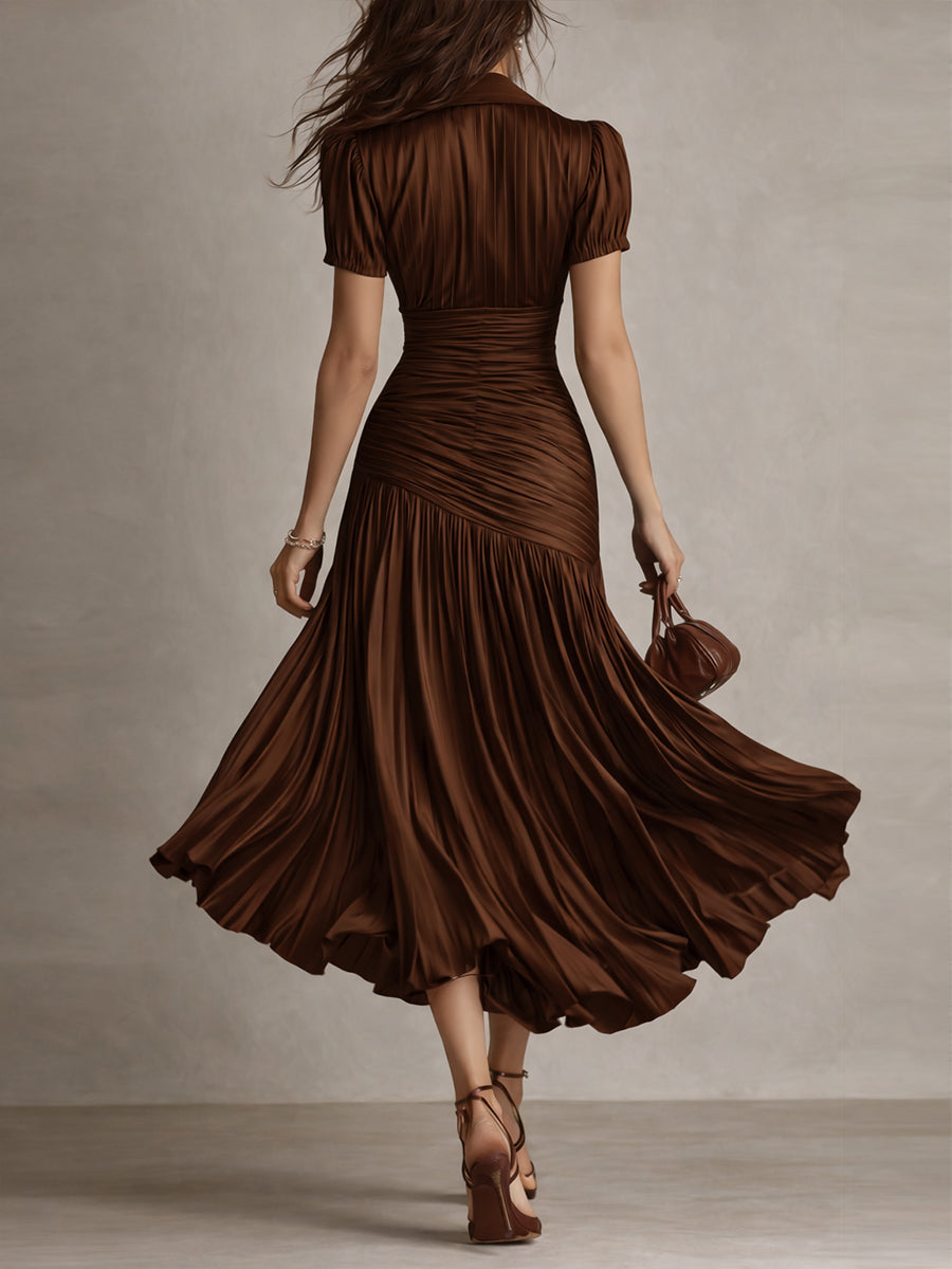Women's Silk Dress | Midi Length V-Neck Short Sleeve Pleated