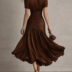 Women's Silk Dress | Midi Length V-Neck Puffed Sleeve Pleated