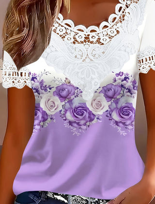 Women's Lace Top | Scalloped Neckline Short Sleeve Floral