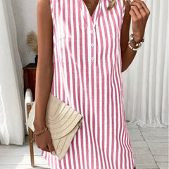 Women's Shirt Dress | V-Neck Sleeveless Mini Striped Button-Front