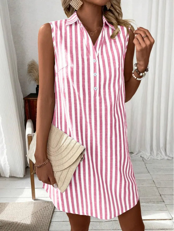 Women's Shirt Dress | V-Neck Sleeveless Mini Striped Button-Front