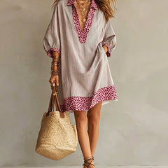 Women's Summer Dress | Midi Shirt Collar Puffed Sleeve Leopard Trim