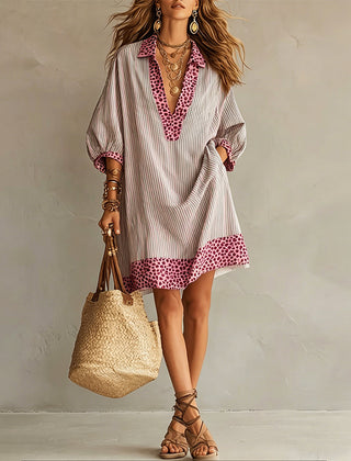 Women's Summer Dress | Midi Collar Puffed Sleeves Leopard Trim