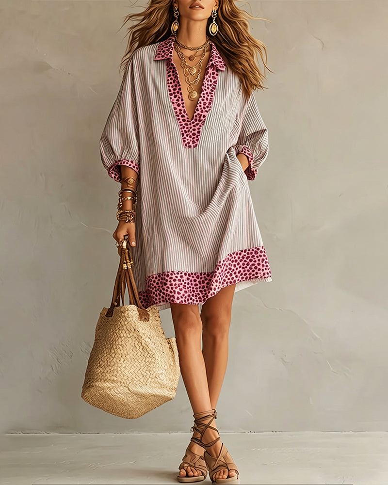 Women's Summer Dress | Midi Collar Puffed Sleeves Leopard Trim