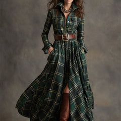 Women's Plaid Dress | Collared Long Sleeve Belted