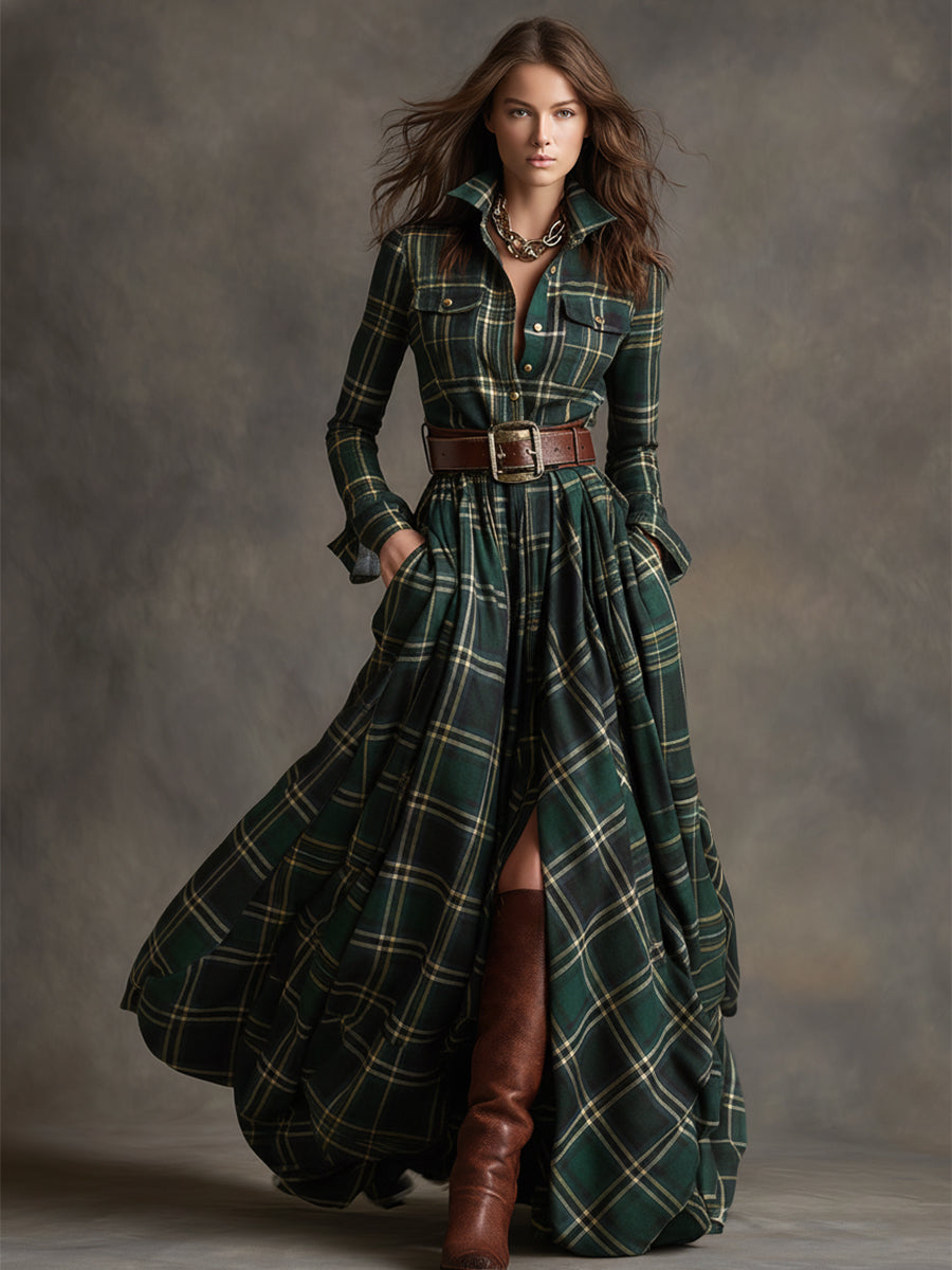 Women's Plaid Dress | Collared Long Sleeve Belted