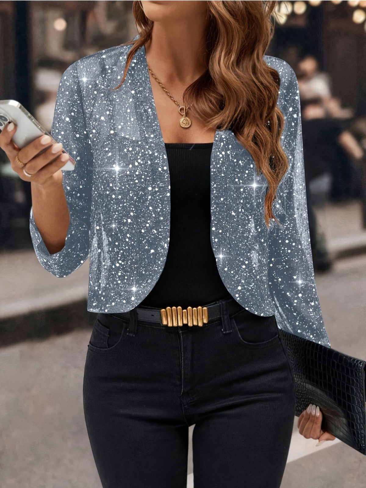 Women's Winter Jacket | Cropped Sequin Open Front Three Quarter Sleeve