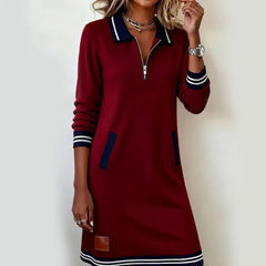 Women's Casual Mini Dress | Quarter-Zip Collar Striped Cuffs Relaxed Fit