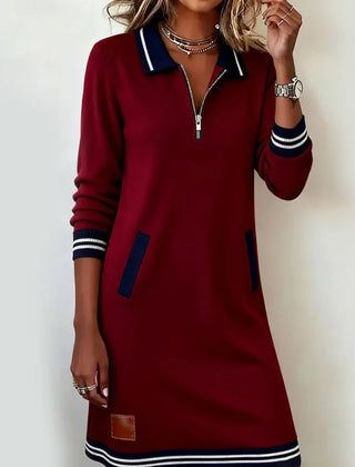 Women's Casual Mini Dress | Quarter-Zip Collar Striped Cuffs Relaxed Fit