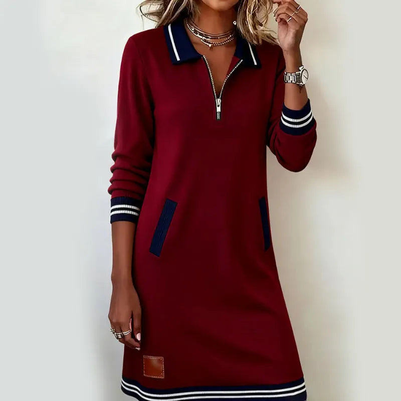 Women's Casual Mini Dress | Quarter-Zip Collar Striped Cuffs Relaxed Fit