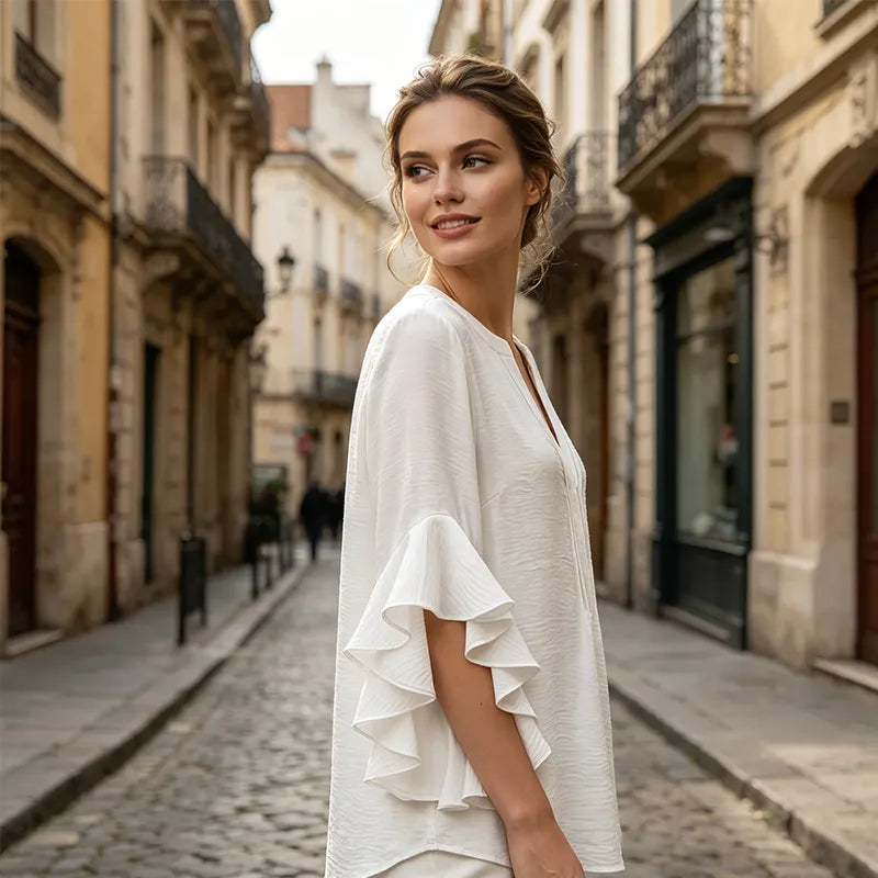 Women's White Top | V-Neck Ruffle Sleeve Blouse Knit