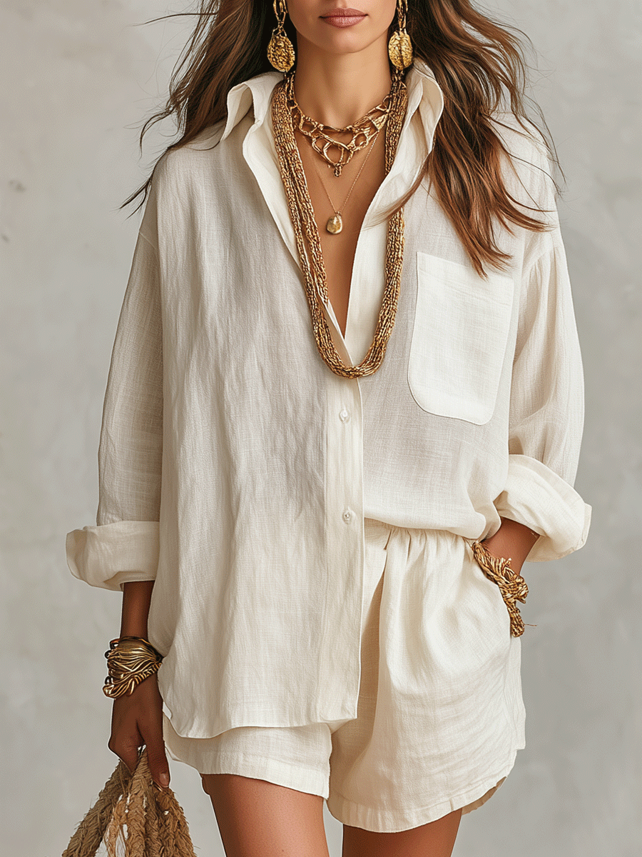 Women's White Linen Shorts | Oversized Button Front Relaxed Fit