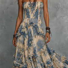 Women's Strapless Dress | Maxi Sweetheart Chiffon Ruffled