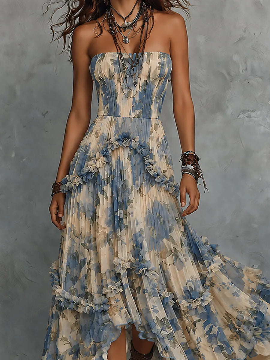 Women's Strapless Dress | Maxi Sweetheart Ruffled Pleated Chiffon