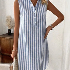 Women's Shirt Dress | V-Neck Sleeveless Mini Striped Button-Front