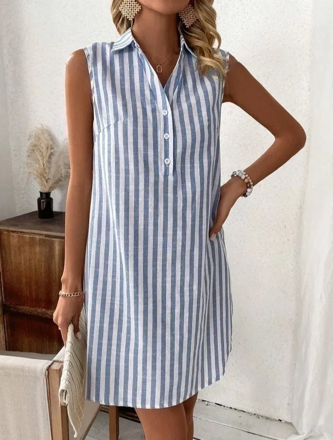 Women's Shirt Dress | V-Neck Sleeveless Mini Striped Button-Front