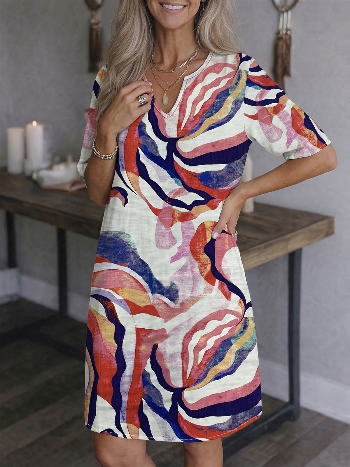 Women's Shift Dress | V-Neck Short Sleeve Printed