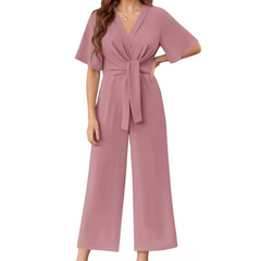 Women's Playsuit | V-Neck Wide-Leg Tie-Waist Short Sleeve