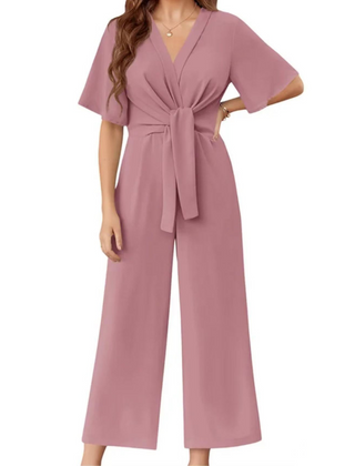 Women's Playsuit | V-Neck Wide-Leg Tie-Waist Short Sleeve