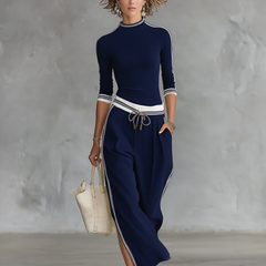 Women's Two Piece Pants Set | Half-High Neck Long Sleeves Wide Leg
