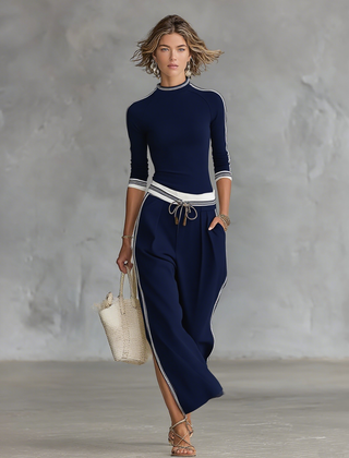 Women's Two Piece Pants Set | Half-High Neck Long Sleeves Wide Leg