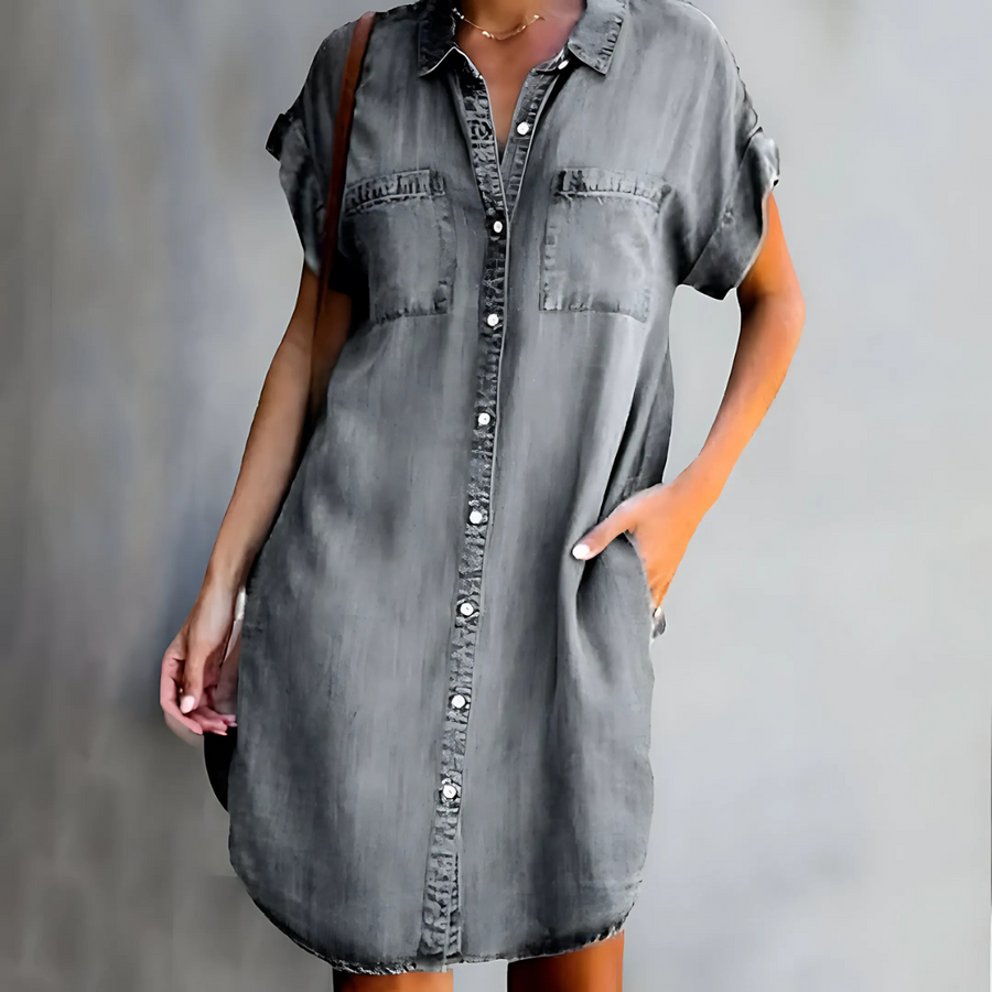 Women's Summer Dress | Collared Short Sleeve Button Front Midi