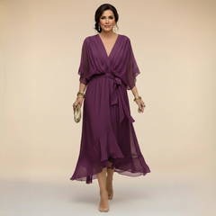 Women's Cocktail Dress | Midi V-Neck Chiffon Wrap