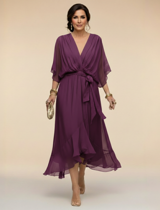 Women's Cocktail Dress | Midi V-Neck Chiffon Wrap