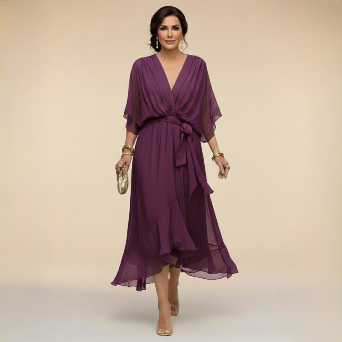 Women's Cocktail Dress | Midi V-Neck Chiffon Wrap