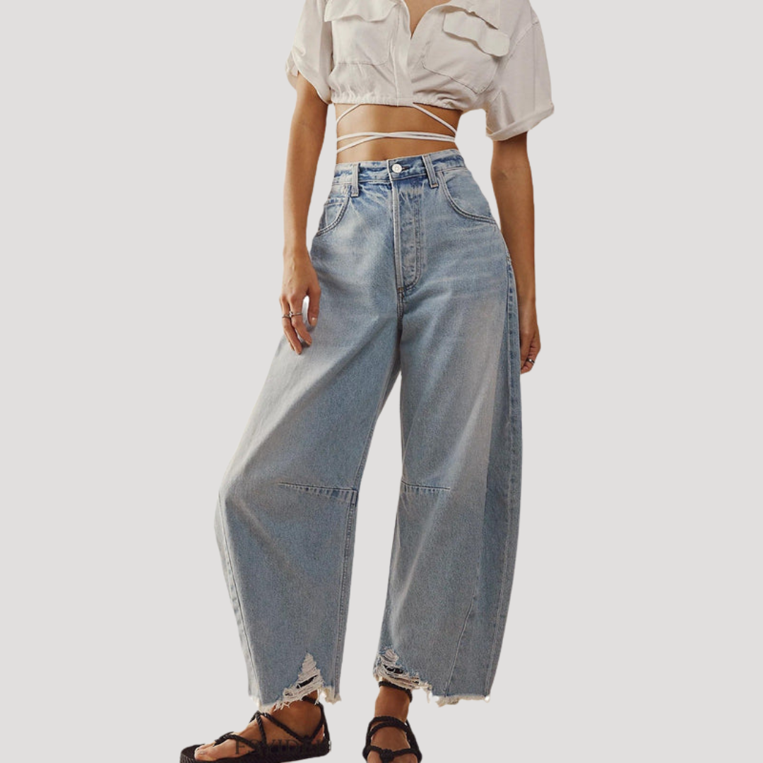 Women's Barrel Jeans | High Waist Cropped Raw Hem Wide Leg Denim