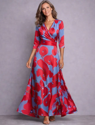 Women's Bridesmaid Dress | Maxi Floral Wrap Three-Quarter Sleeve