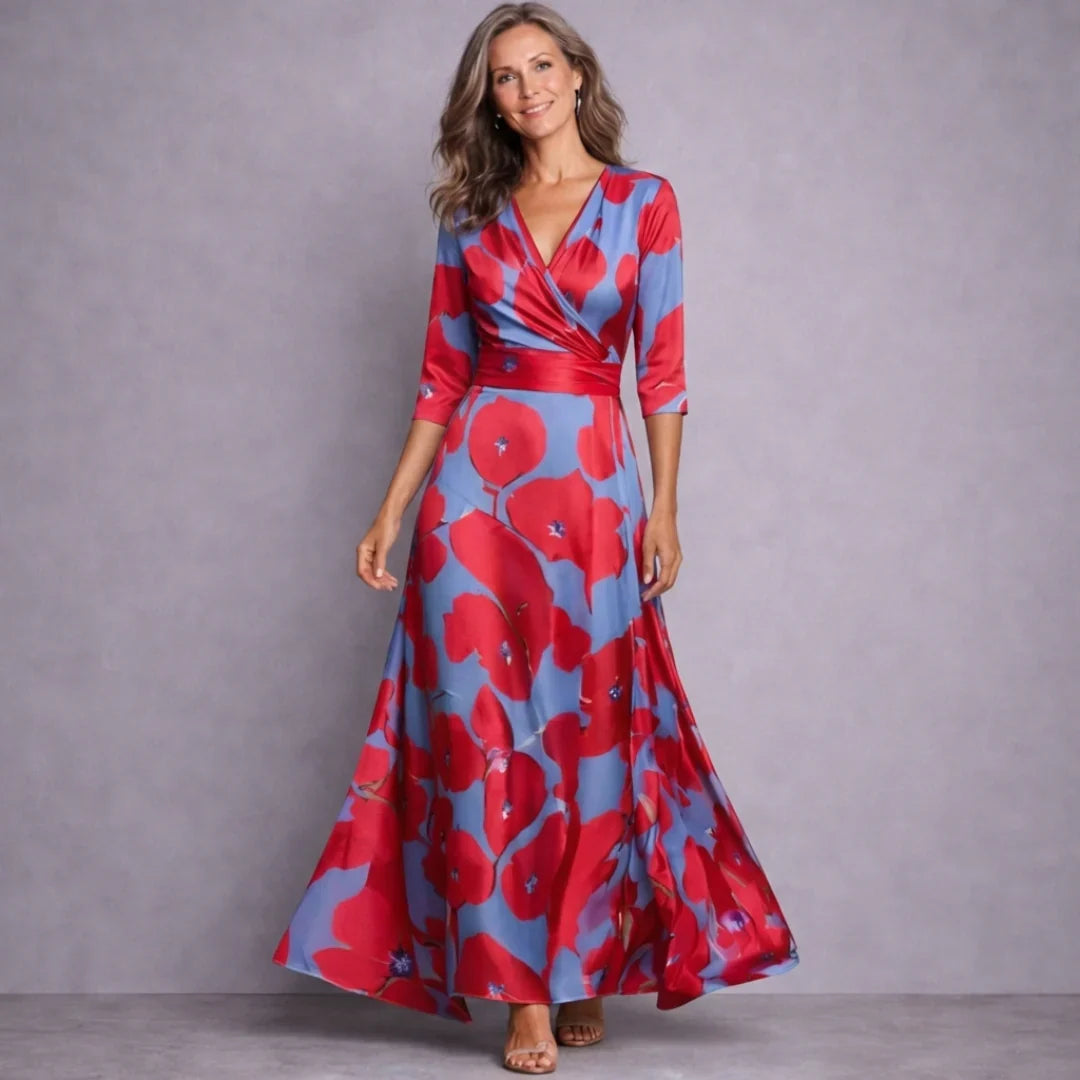 Women's Bridesmaid Dress | Maxi Floral Wrap Three-Quarter Sleeve