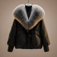 Women's Quilted Coat | Oversized Fur Collar Zip Front Padded