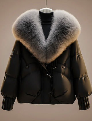 Women's Quilted Coat | Oversized Fur Collar Zip Front Padded