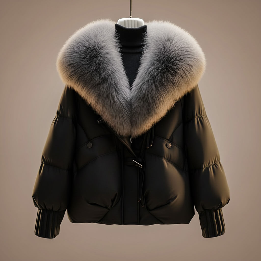Women's Quilted Coat | Oversized Fur Collar Zip Front Padded