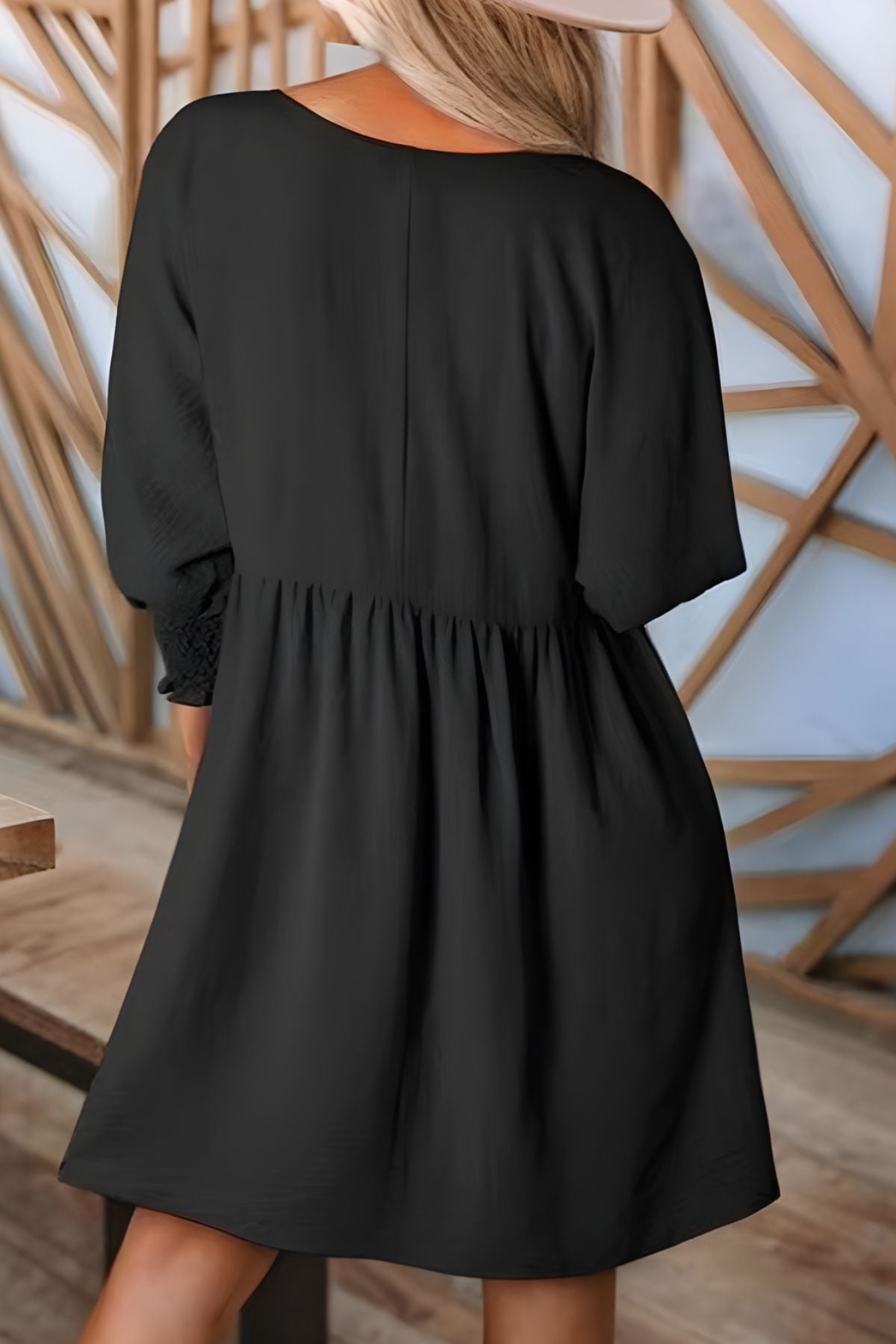 Women's Babydoll Dress | Midi Crew Neckline Smocked Cuff