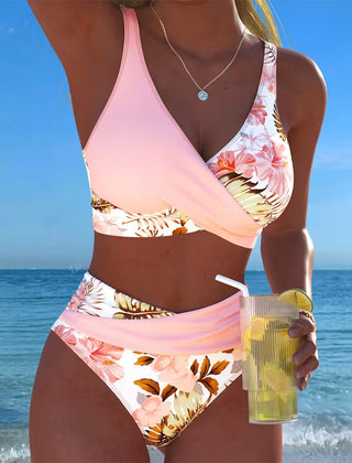 Women's High Waisted Bikini | Wrap V-Neck Floral Print Cut-Out