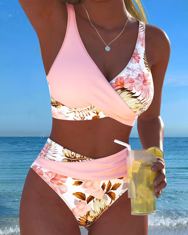 Women's High Waisted Bikini | Wrap V-Neck Floral Print Cut-Out