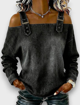 Women's Off The Shoulder Top | Cold Shoulder Denim Long Sleeve
