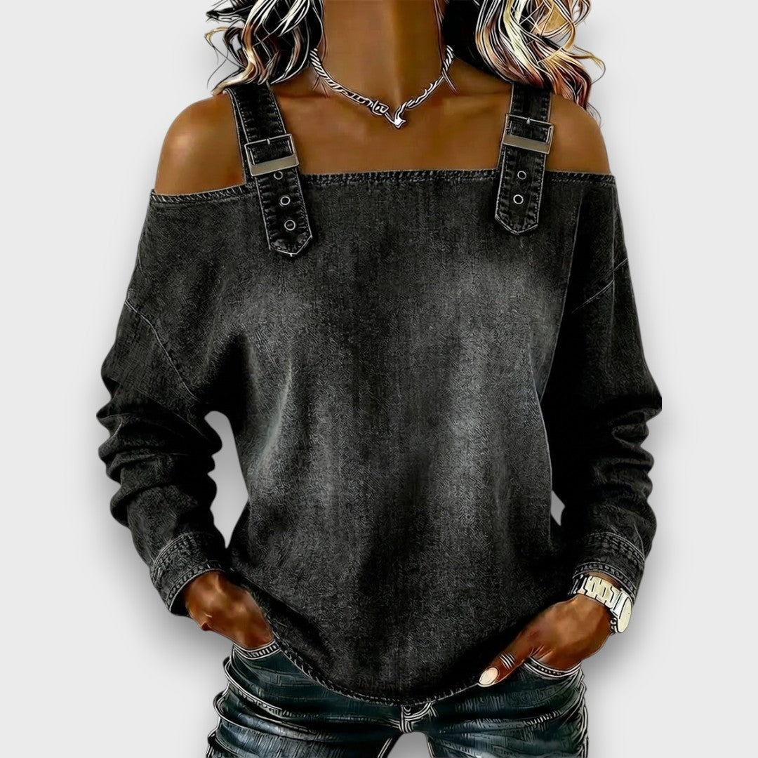 Women's Off The Shoulder Top | Cold Shoulder Denim Long Sleeve